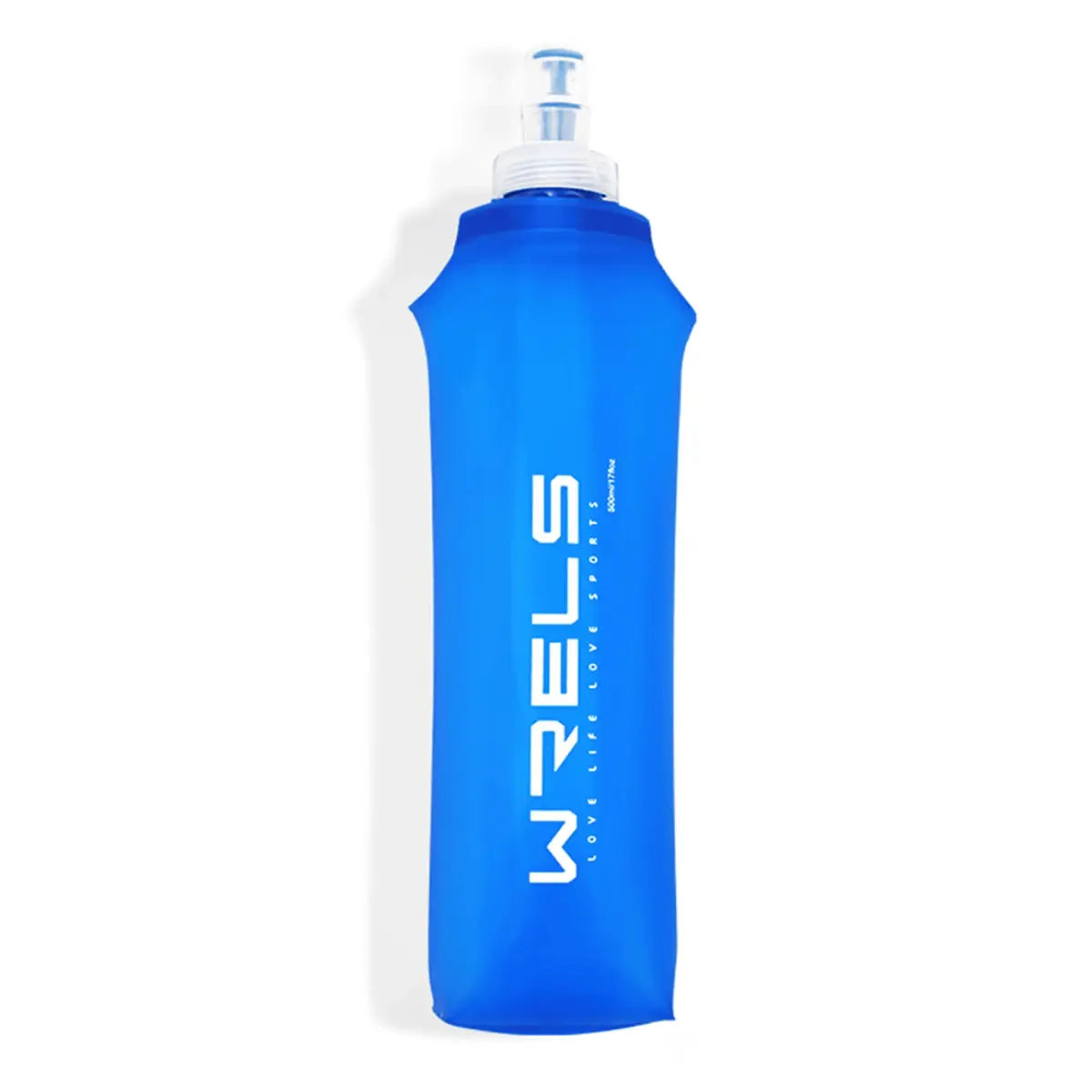 Blaue faltbare 500ml Soft Flask Trinkflasche aus flexiblem Material für Sport, mit weißem Schriftzug "WRELS LOVE LIFE LOVE SPORTS".