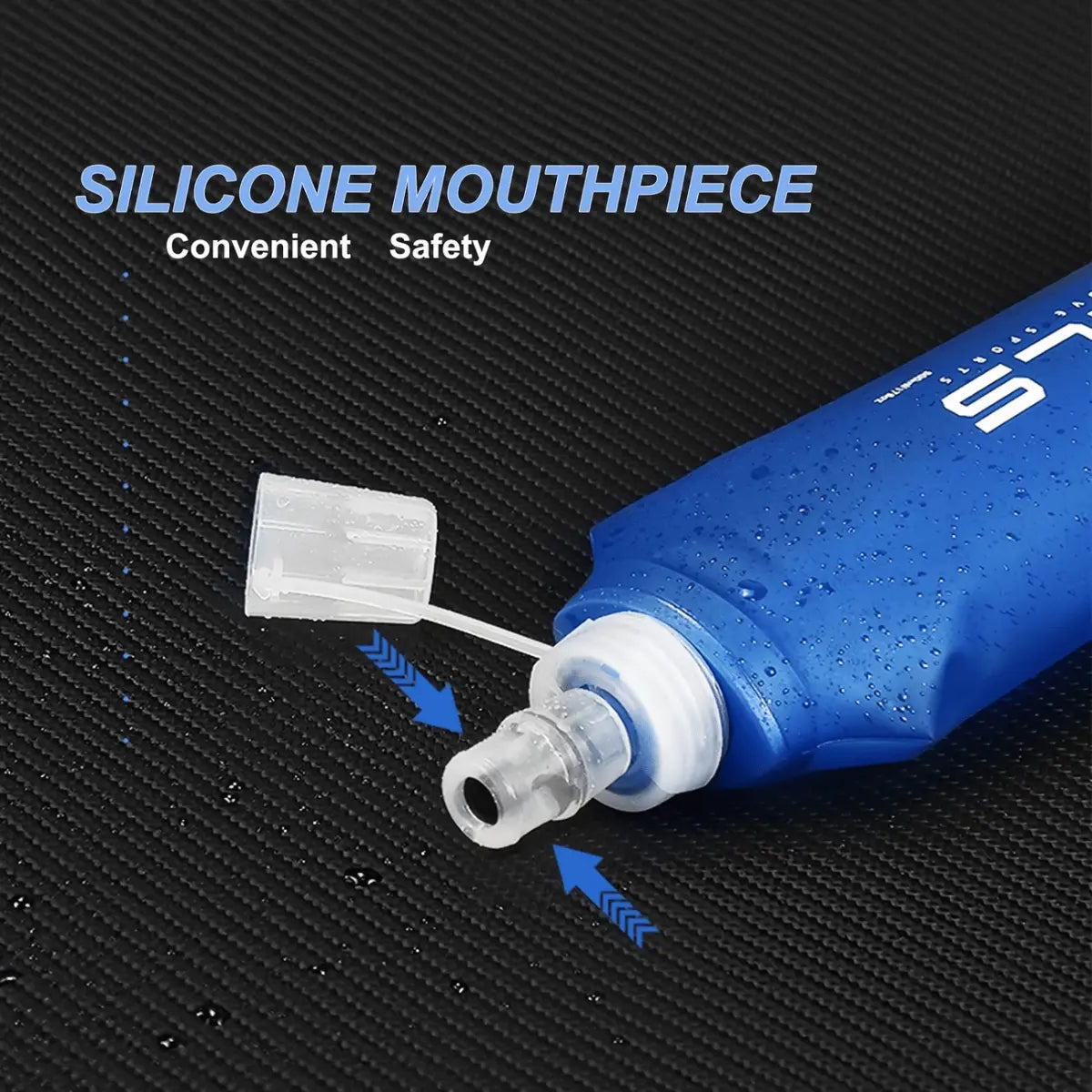 Blaue faltbare 500ml Trinkflasche (Soft Flask) mit Silikonmundstück und abnehmbarer Kappe, ideal für Sport und Outdoor-Aktivitäten.