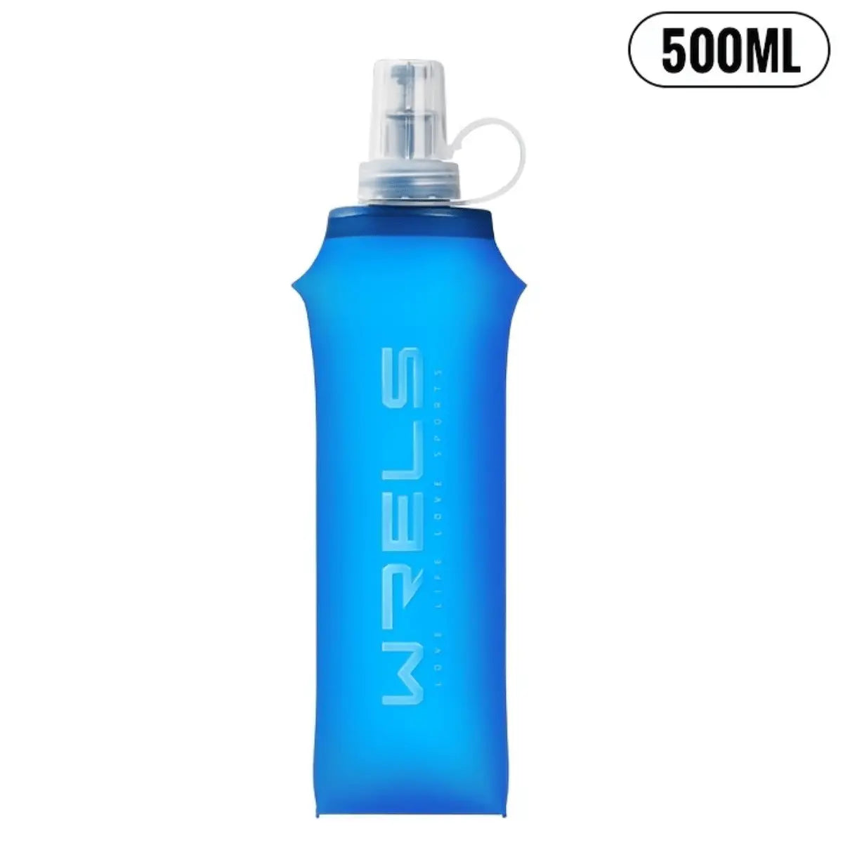 Blaue faltbare 500ml Soft Flask Trinkflasche aus flexiblem Material mit Schraubverschluss und integriertem Mundstück, ideal für Sportler.