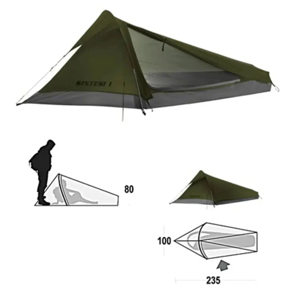 Ferrino Sintesi 1 Bivy Zelt, ultraleichtes 1-Personen-Zelt mit Alustangen, Ansicht der Masse Länge 235cm und breite 100cm sowie höhe 80cm, ideal für Trekking und Paragliding, zeigt robustes Ripstop-Polyester für extreme Bedingungen.