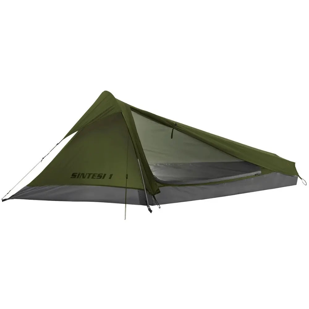 Ferrino Sintesi 1 Bivy Zelt mit seitlich geöffnetem Eingang, Moskitonetz am Eingang, ultraleichtes 1-Personen-Zelt mit Alustangen, ideal für Trekking und Paragliding, zeigt robustes Ripstop-Polyester für extreme Bedingungen.