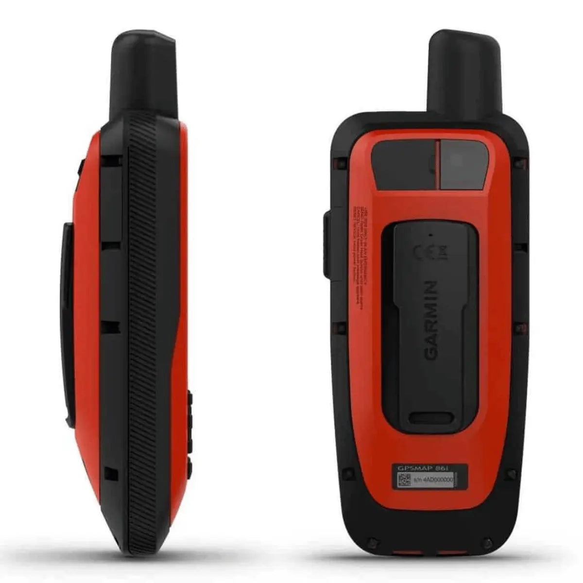 Rotes und schwarzes robustes Garmin GPSMAP 86i mit InReach Satellitennavigationsgerät, Seiten- und Rückansicht.