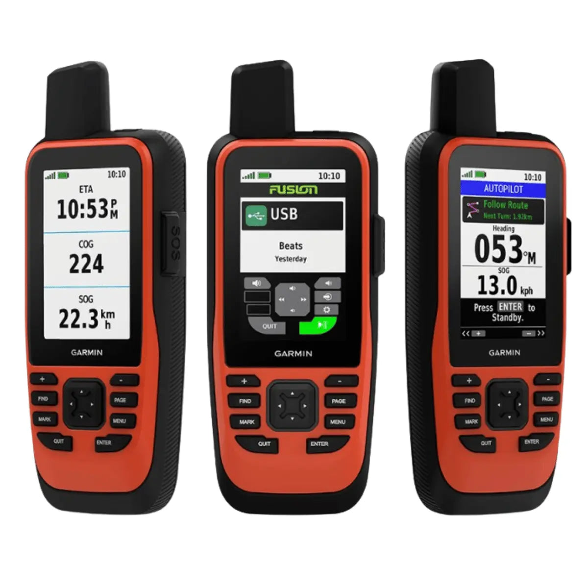 Drei Garmin GPSMAP 86i mit inReach Handheld-Navigationsgeräte in Orange und Schwarz, die verschiedene Display-Ansichten zeigen, darunter eine Karte und Satelliteninformationen.
