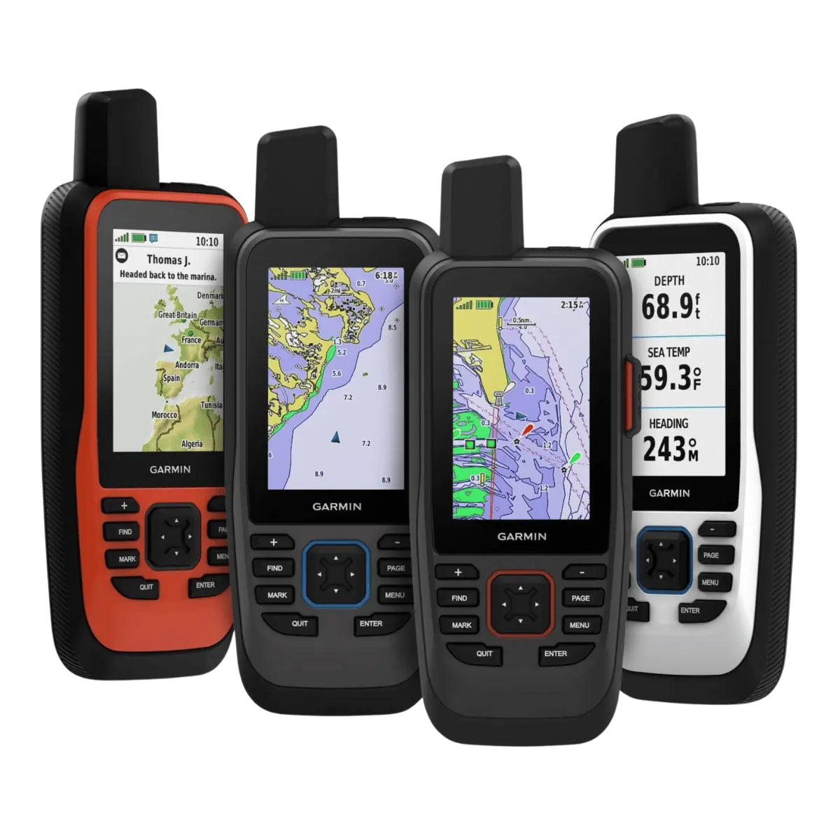 Vier Garmin GPSMAP 86i mit inReach Navigationsgeräte in verschiedenen Farben (rot, grau, schwarz, weiß) mit Antennen und beleuchteten Displays, die Karten und Wetterdaten anzeigen.