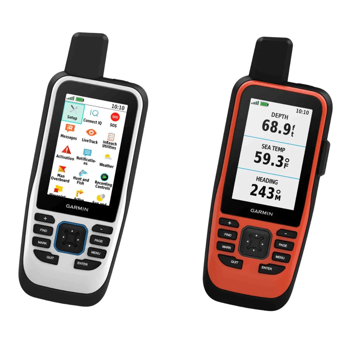 Zwei Garmin GPSMAP 86i mit inReach Navigationsgeräte, eins in Weiß und eins in Orange, mit Displays, die Wetterdaten und Navigationsinformationen anzeigen.
