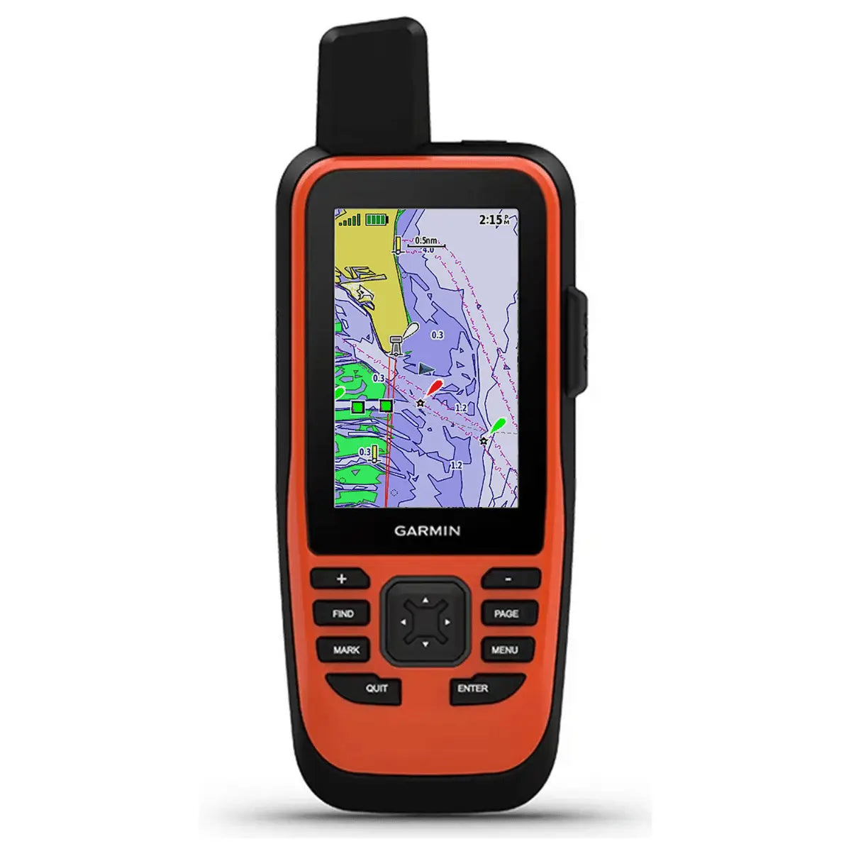 Orange Garmin GPSMAP 86i mit inReach Handheld-Navigationsgerät mit detaillierter Seekarte auf dem Display und Tastenbedienung.