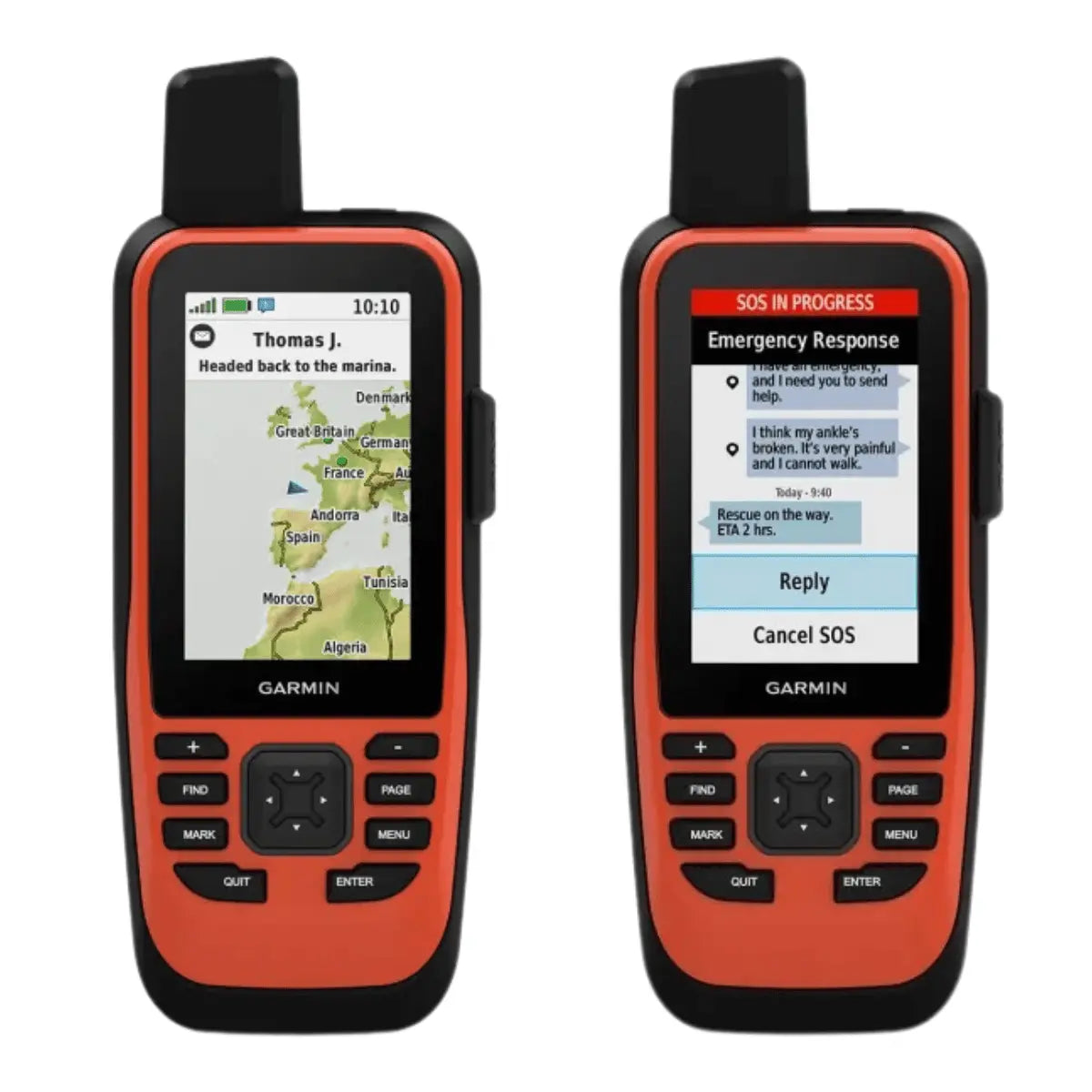 Orange Garmin GPSMAP 86i mit inReach Handheld-Navigationsgerät mit detaillierter Seekarte auf dem Display und Tastenbedienung.