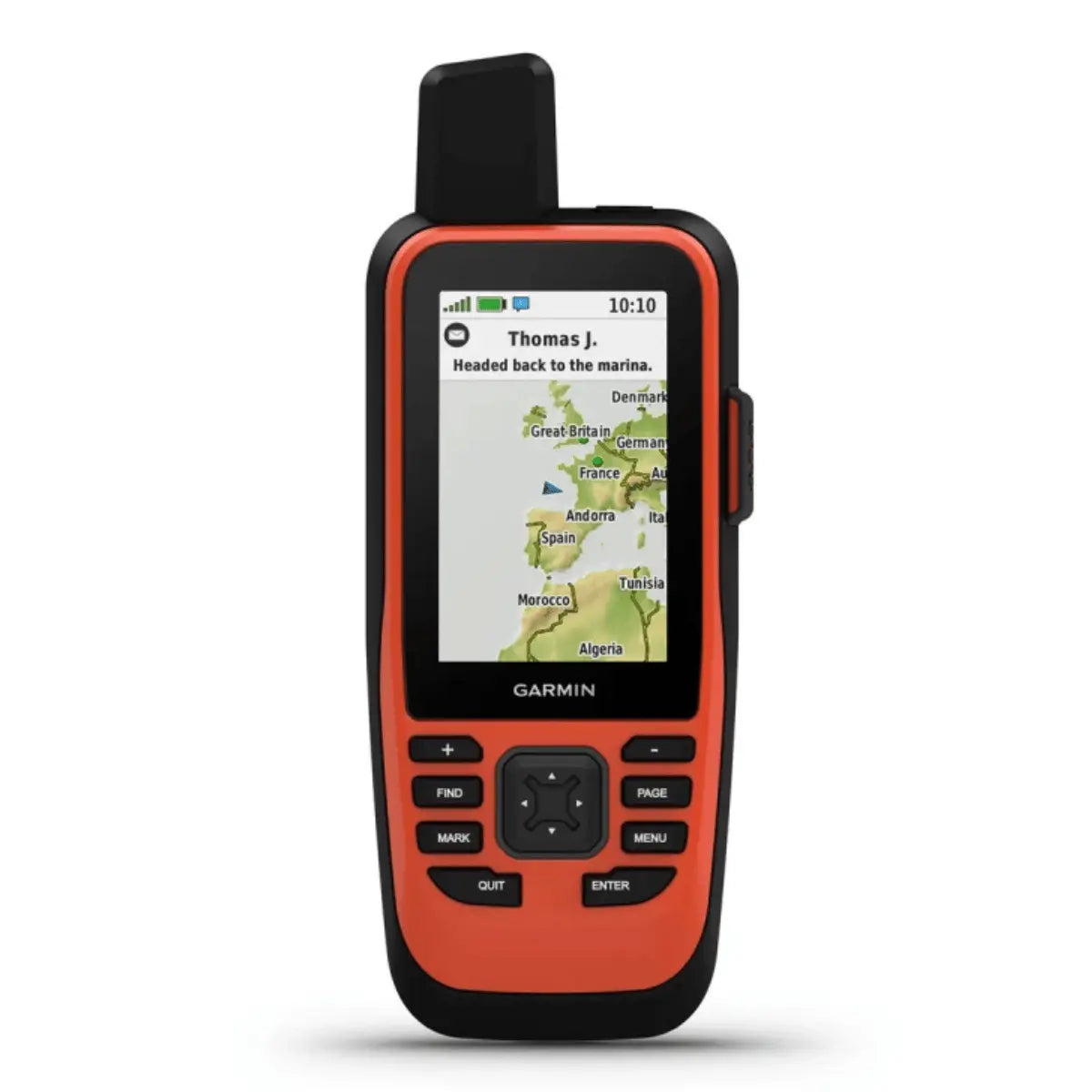 Orange und schwarzes Garmin GPSMAP 86i mit InReach Satellitenkommunikator und GPS-Gerät, mit Kartendisplay und Tasten.