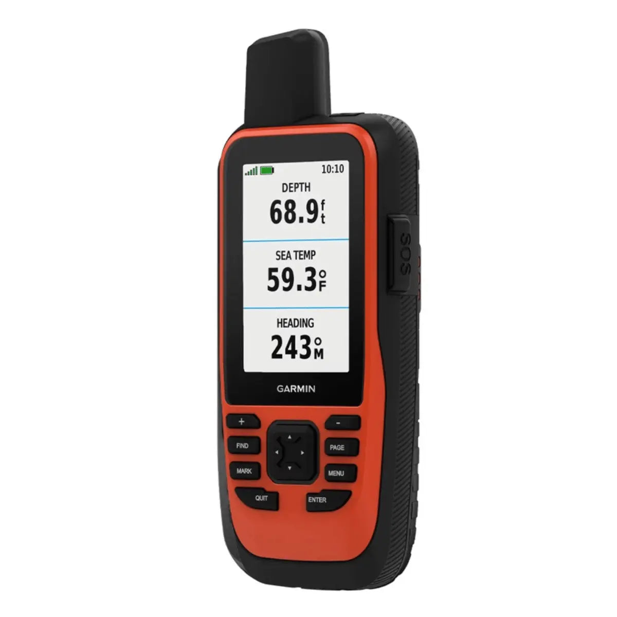 Orange und schwarzes Garmin GPSMAP 86i mit InReach Handheld-GPS-Gerät mit großem Display, das Tiefe, Meerestemperatur und Kurs anzeigt.