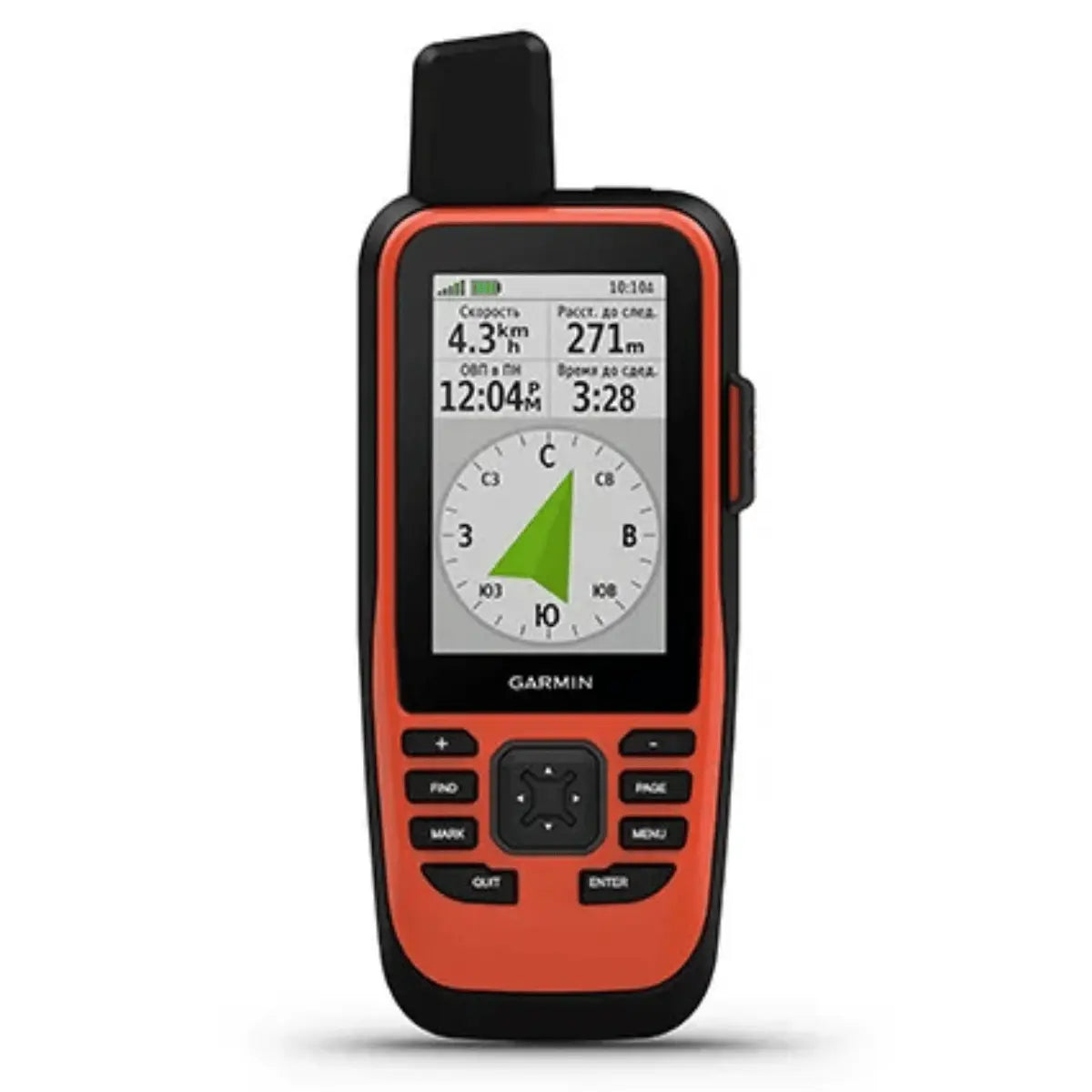 Orange und schwarzes Garmin GPSMAP 86i mit inReach Handheld-GPS-Gerät mit beleuchtetem Display, das eine Navigationskarte zeigt.