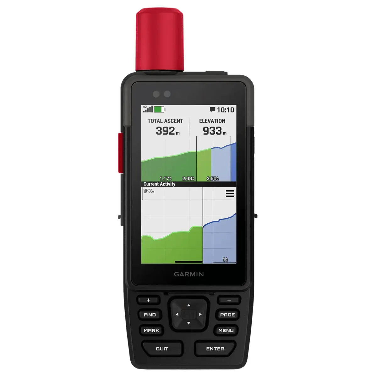 Schwarzes Garmin GPSMAP H1i Plus Outdoor-Navigationsgerät mit rotem Antennenaufsatz, zeigt Höhen- und Aufstiegsdiagramme auf dem Bildschirm.