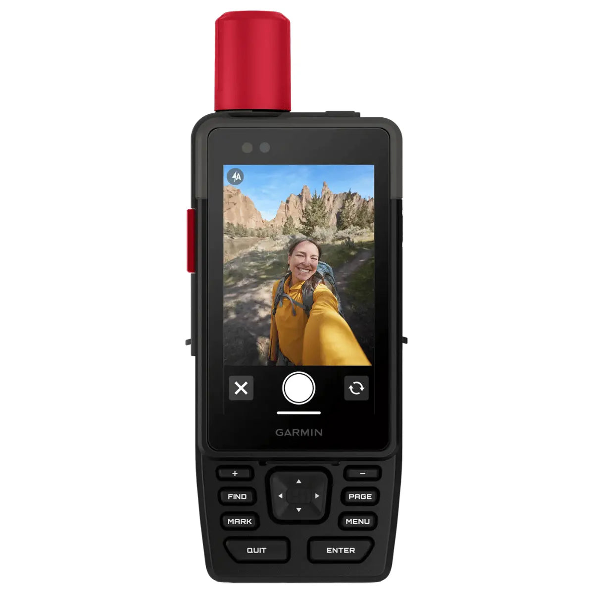 Garmin GPSMAP H1 & H1i Plus mit rotem Antennenaufsatz, das eine Frau beim Wandern auf dem Bildschirm zeigt.