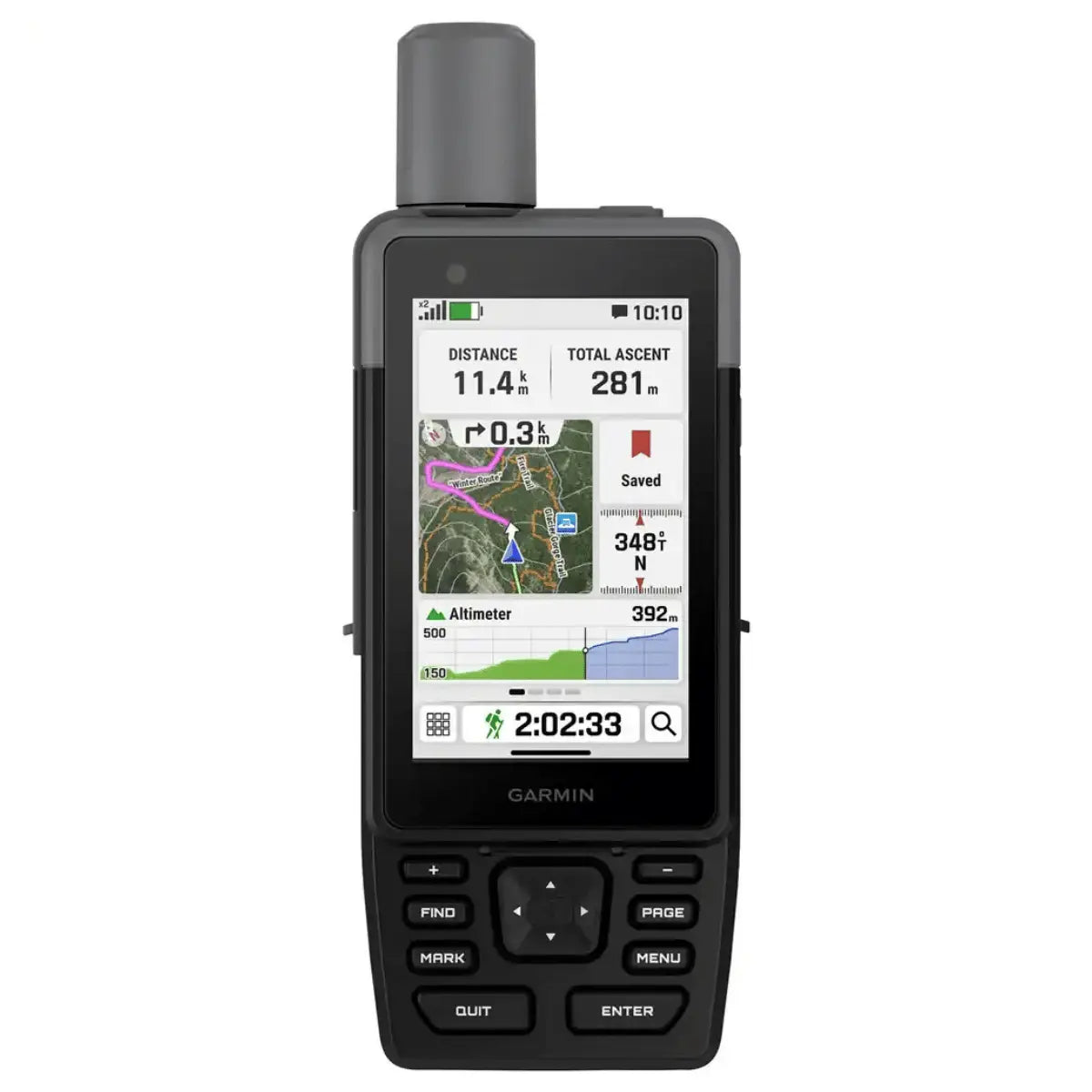 Garmin GPSMAP H1i Plus Outdoor-Navigationsgerät mit detailliertem Display, das Distanz, Aufstieg, Höhenmesser und Karte anzeigt.