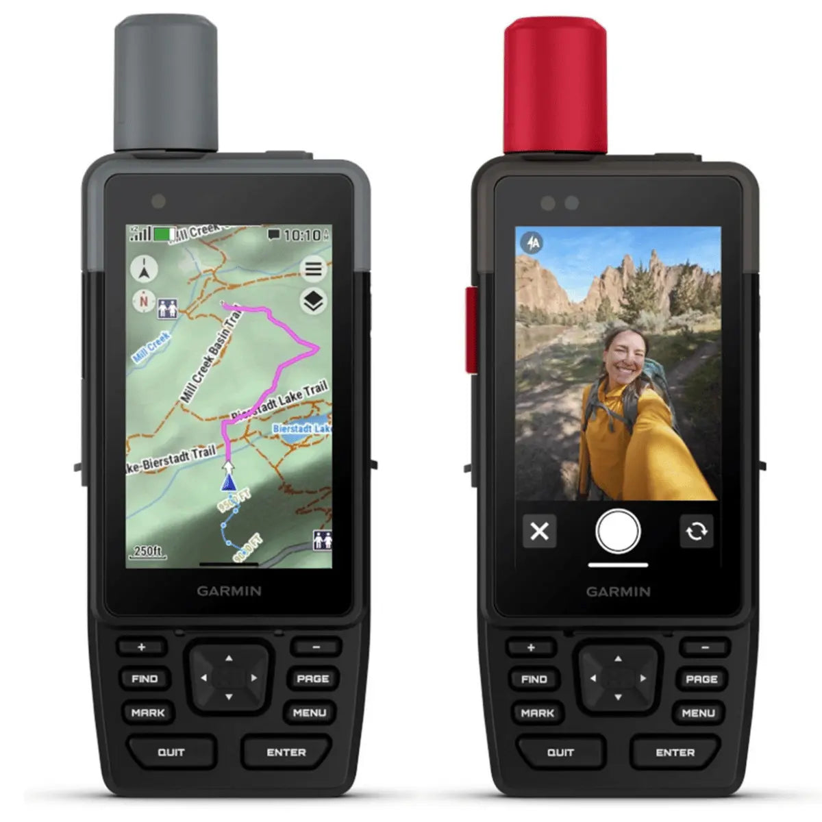 Zwei Garmin GPSMAP H1 & H1i Plus Handheld-GPS-Geräte mit Karten- und Selfie-Anzeige, schwarzes Gehäuse mit grauen und roten Kappen.