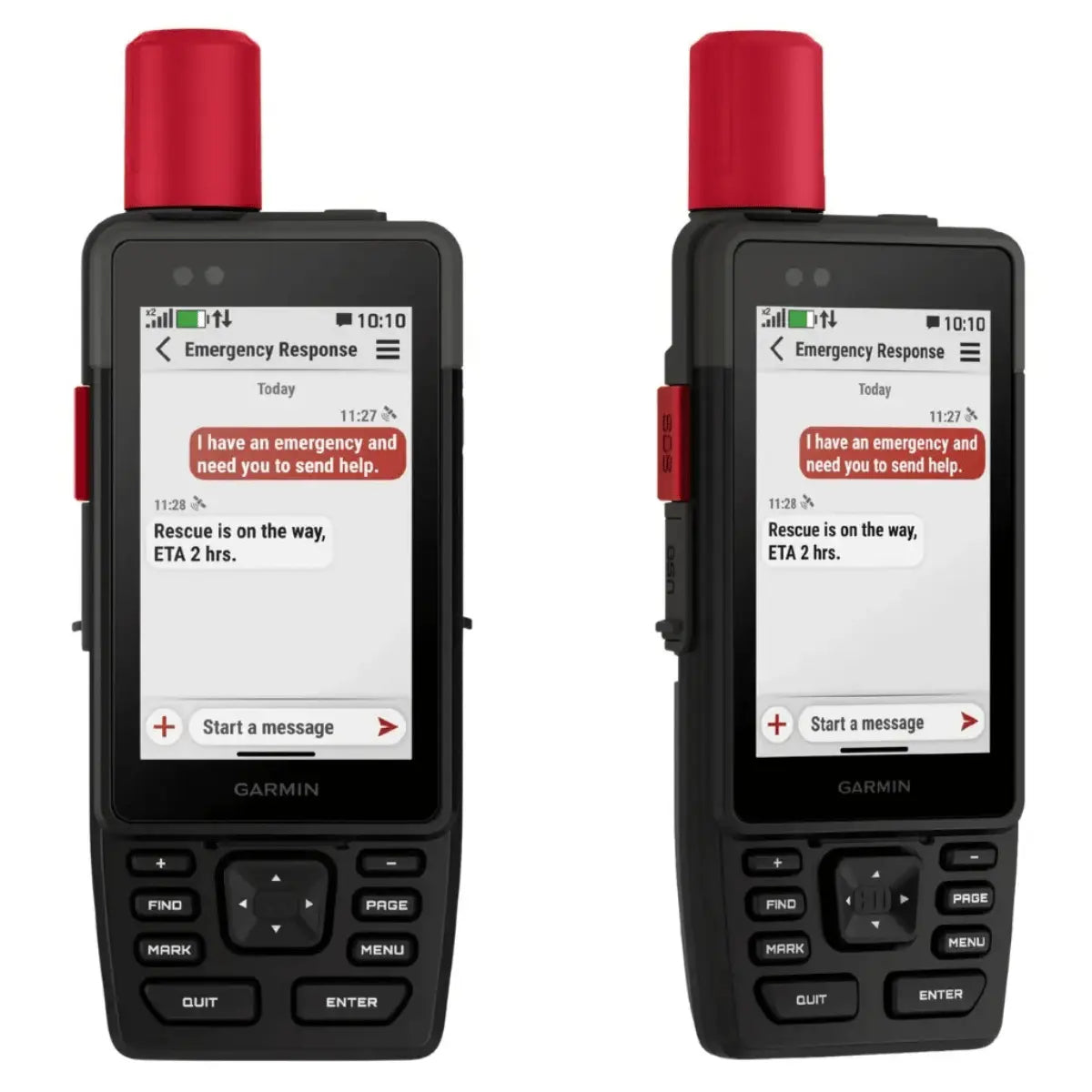Zwei schwarze Garmin GPSMAP H1 & H1i Plus Handheld-Satellitenkommunikatoren mit roten Antennenaufsätzen und SOS-Knöpfen, die auf dem Bildschirm eine Notfallnachricht anzeigen.