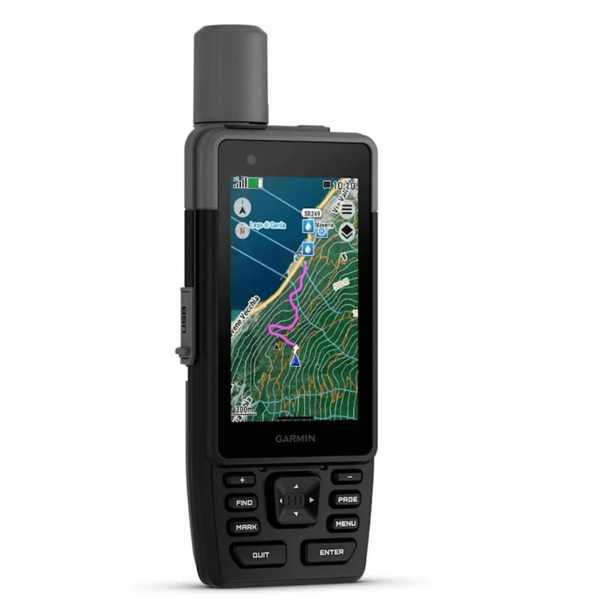 Garmin GPSMAP H1 & H1i Plus Handheld-GPS-Gerät mit Farbdisplay, das eine detaillierte topografische Karte und Navigationspfeile anzeigt.