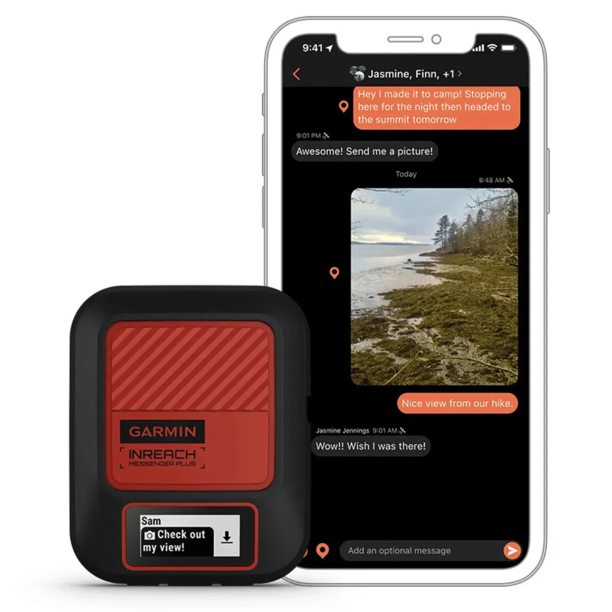 Garmin inReach Messenger Plus Satellitengerät mit einem roten Gittermuster und einem Smartphone, das eine Nachricht mit Standortdaten anzeigt.
