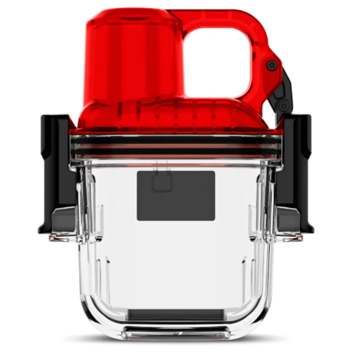 Rotes und transparentes Unterwassergehäuse für Garmin inReach Mini 3 Plus mit robusten schwarzen Verriegelungsmechanismen und Tragegriff.
