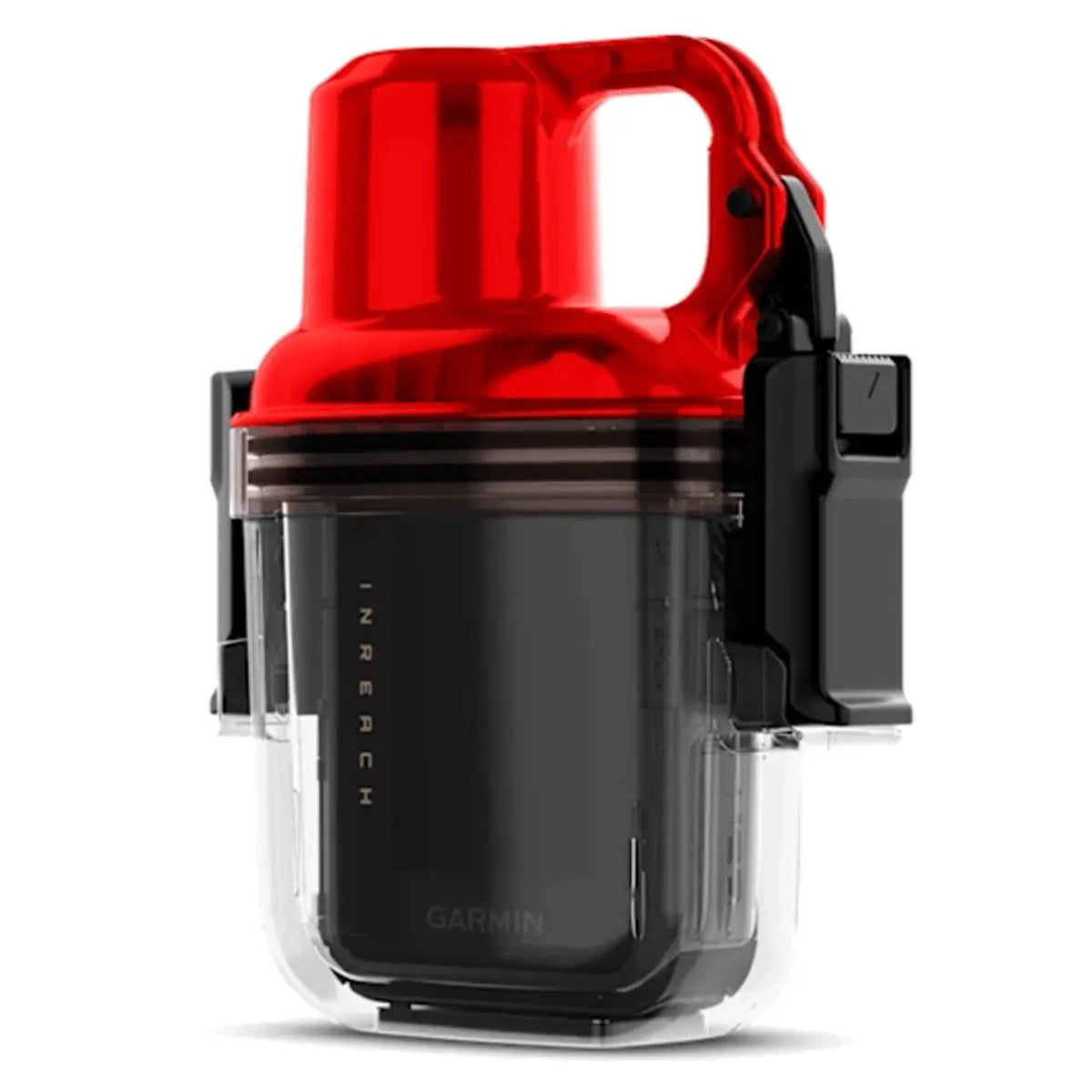 Rotes und schwarzes Unterwassergehäuse für Garmin inReach Mini 3 Plus, mit transparentem Gehäuse, Griff und seitlichen Clips.