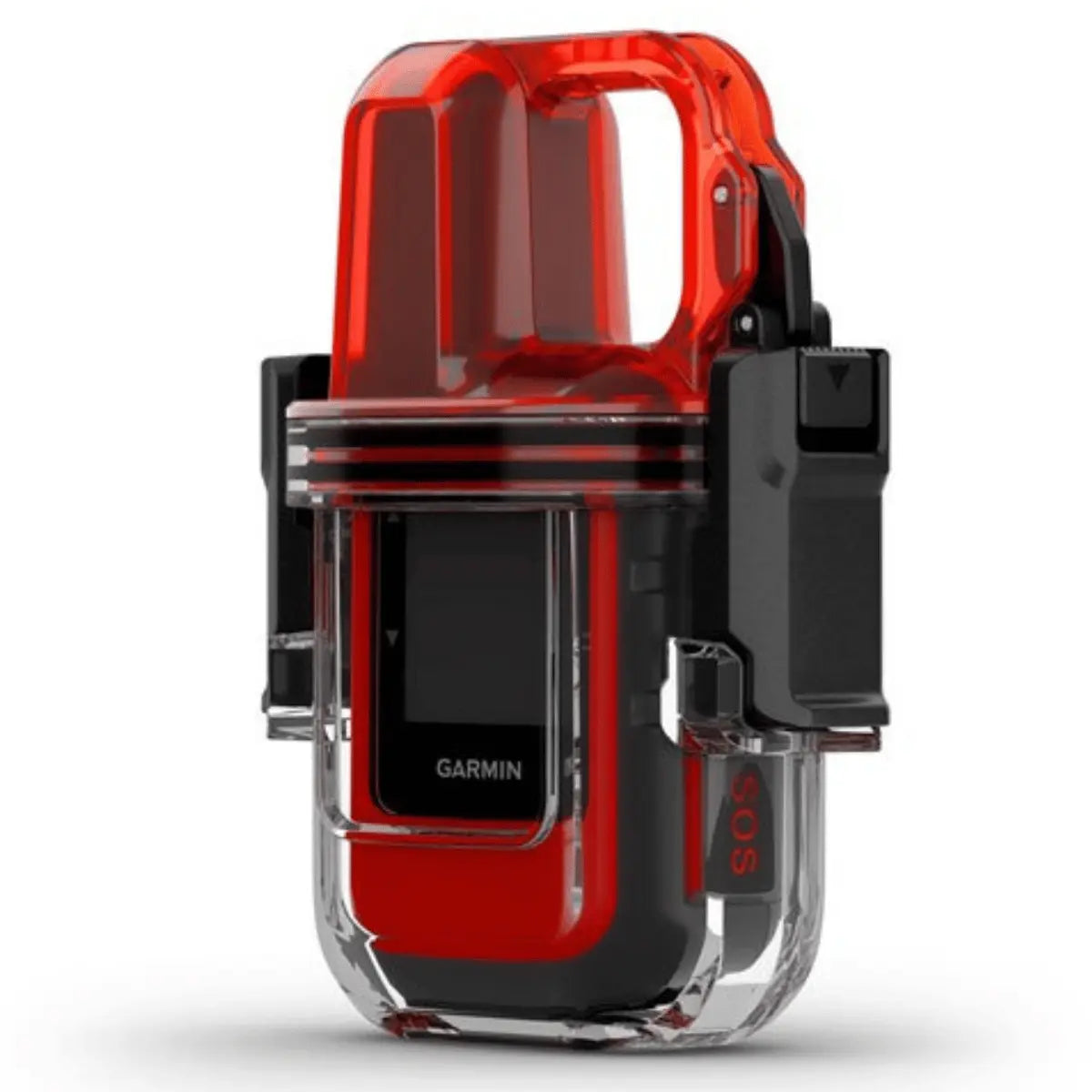 Transparente und rote Unterwasserhülle für Garmin inReach Mini 3 Plus mit schwarzem Clip-Verschluss und SOS-Aufdruck.