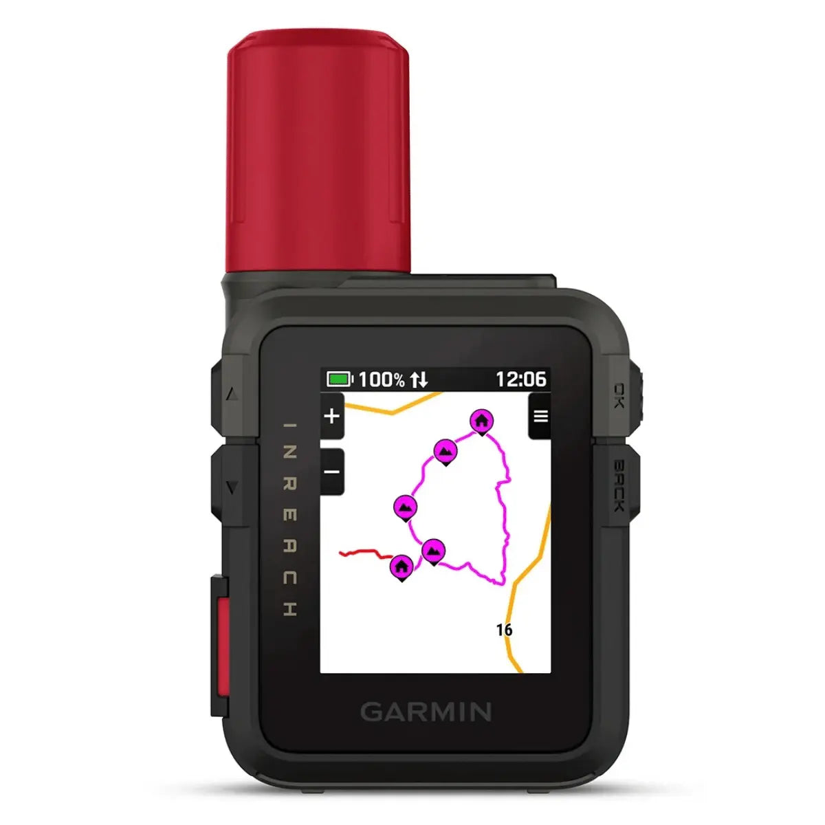 Kompakter, wasserdichter Garmin inReach Mini 3 Plus Satellitenkommunikator mit rotem Antennenaufsatz und beleuchtetem Display, das eine Nachricht über eine Bergtour anzeigt.