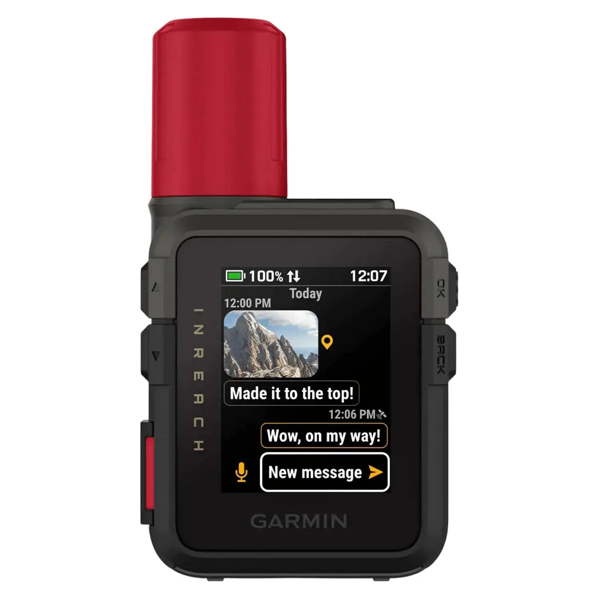 Kompakter, wasserdichter Garmin inReach Mini 3 Plus Satellitenkommunikator mit rotem Antennenaufsatz und beleuchtetem Display, das eine Nachricht über eine Bergtour anzeigt.