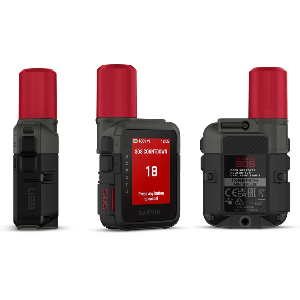 Kompakter, dunkler Garmin inReach Mini 3 Plus Satellitenkommunikator mit roter Antenne, USB-Anschluss und SOS-Taste.