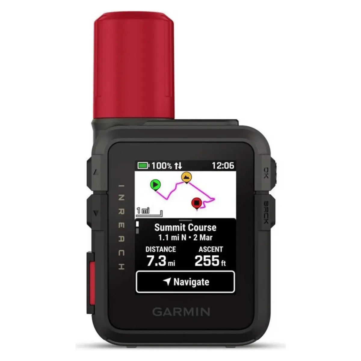 Kompakter schwarzer Garmin inReach Mini 3 Plus Satellitenkommunikator mit roter Kappe, zeigt Navigationskarte und Kursinformationen auf dem Display.