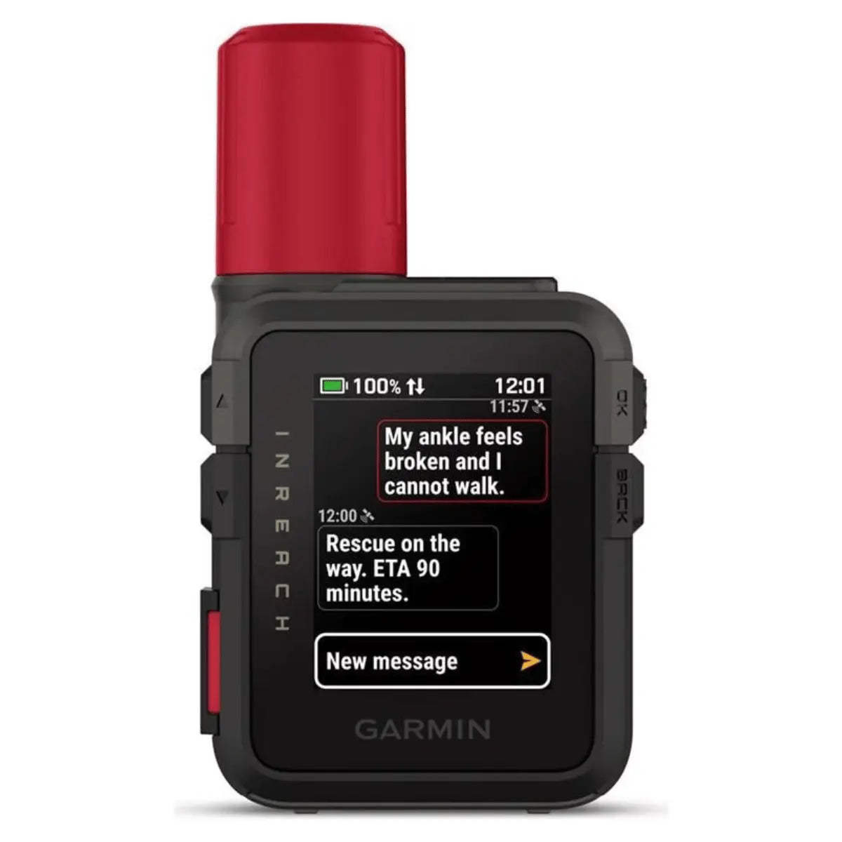 Kompakter schwarzer Garmin inReach Mini 3 Plus Satellitenkommunikator mit rotem Aufsatz und detailliertem Bildschirm, der Notfallnachrichten anzeigt.