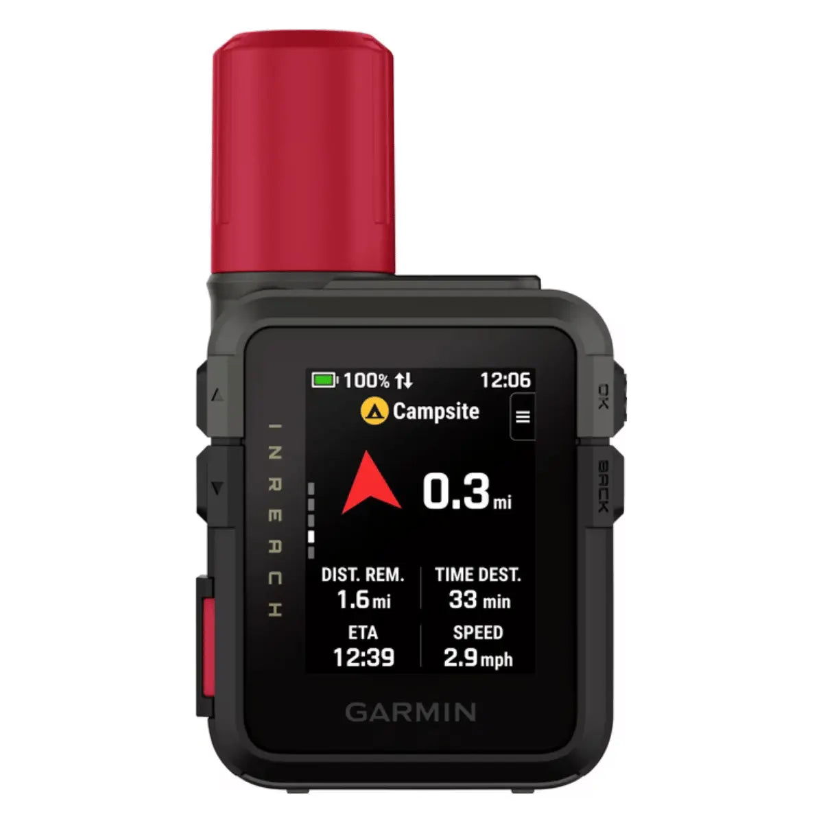Kompakter, roter und schwarzer Garmin inReach Mini 3 Plus Satellitenkommunikator mit Display und Antenne, ideal für Outdoor-Abenteuer.
