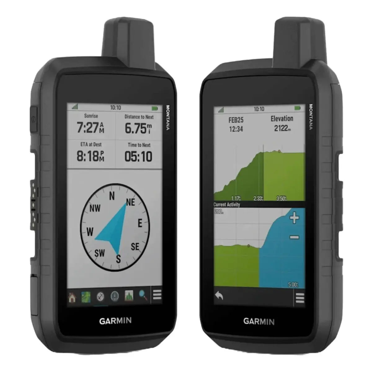 Zwei robuste Garmin Montana Outdoor-Navigationsgeräte mit Touchscreen-Display, eines zeigt eine Kompassanzeige, das andere eine Höhenprofilgrafik.