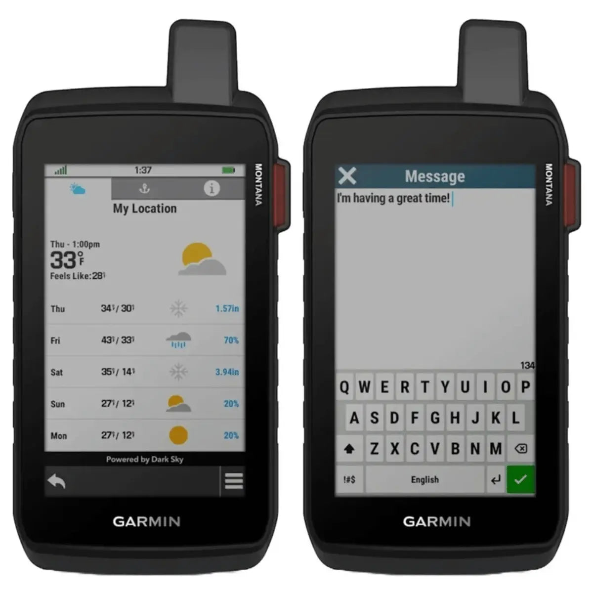Zwei Garmin Montana 710 Outdoor-Navigationsgeräte mit Touchscreen-Display, eines zeigt Wetterdaten, das andere eine Nachrichteneingabe mit Tastatur.