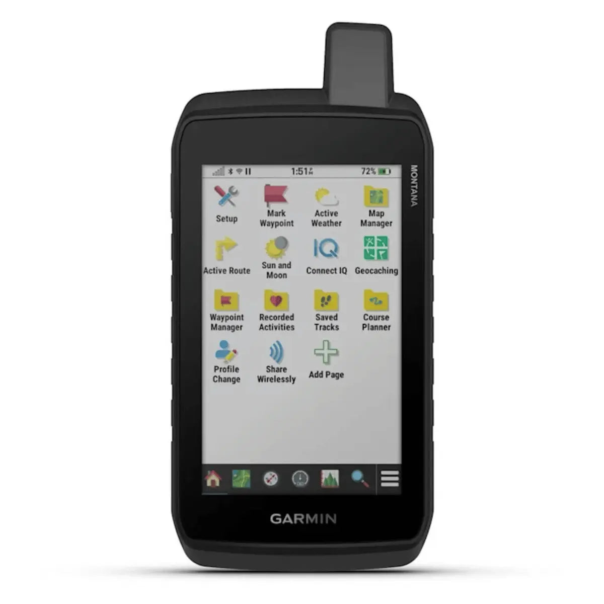 Schwarzes Garmin Montana 710i Outdoor-Navigationsgerät mit Touchscreen und Antenne, zeigt das Hauptmenü mit Symbolen für Routenplanung und Geocaching.