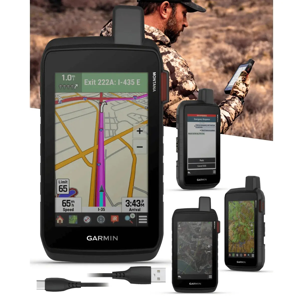 Garmin Montana 710 Handheld GPS-Gerät mit Touchscreen und detaillierter Kartendarstellung, inklusive USB-C-Kabel für Outdoor-Navigation.