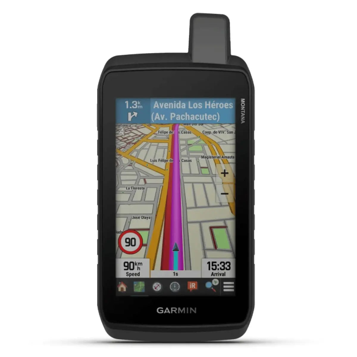 Garmin Montana 710i Outdoor-Navigationsgerät mit Touchscreen und detaillierter Karte von Avenida Los Héroes.
