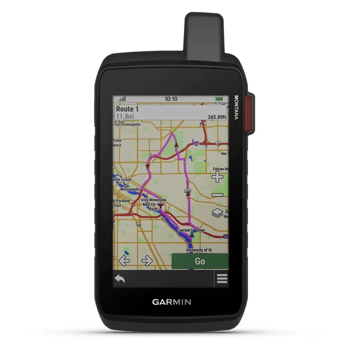Robustes Garmin Montana 710i Outdoor-Navigationsgerät mit Touchscreen, detaillierter Karte und Antenne.