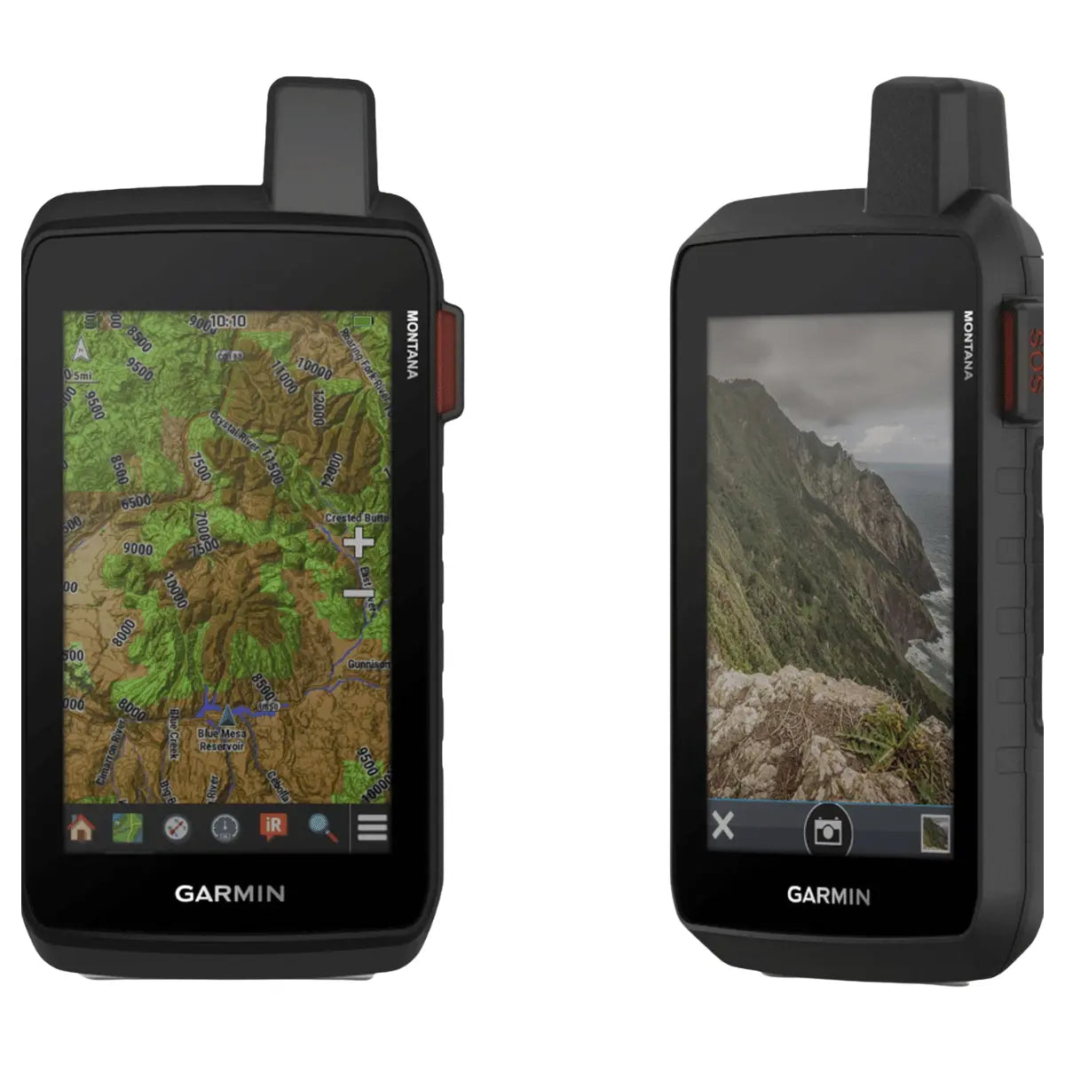 Zwei Garmin Montana 710i Outdoor-Navigationsgeräte mit Touchscreen-Display, eines zeigt eine topografische Karte, das andere eine Küstenlandschaft.