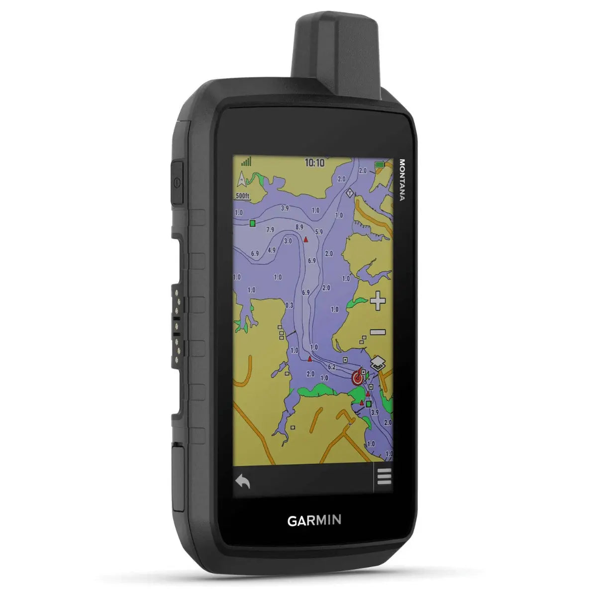 Robustes Garmin Montana 710i Outdoor-Navigationsgerät mit detaillierter Seekartenanzeige, schwarzem Gehäuse und Antenne.