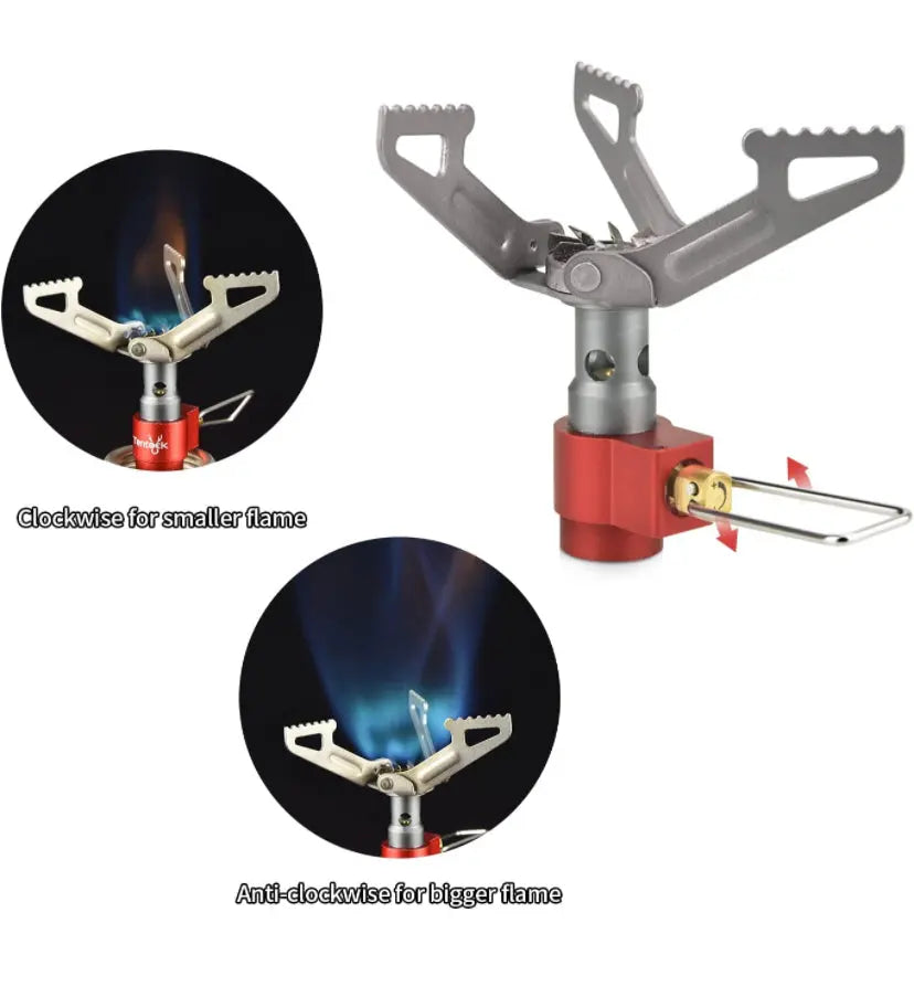 Gaskocher Aufsatz ultraleicht 25g Titan, Nahaufnahme eines Gasbrenners, ideal für Gleitschirmabenteuer, mit hoher Brennkraft und verstellbarem Ventil für effizientes Kochen.