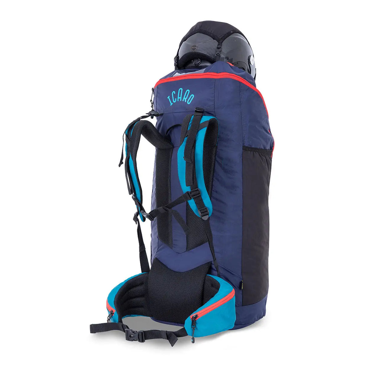 Icaro Rucksack XC und Hike & Fly mit Helmhalterung, leichtes und ergonomisches Design, ideal für Paragleiter-Abenteuer und Alpenüberquerungen.