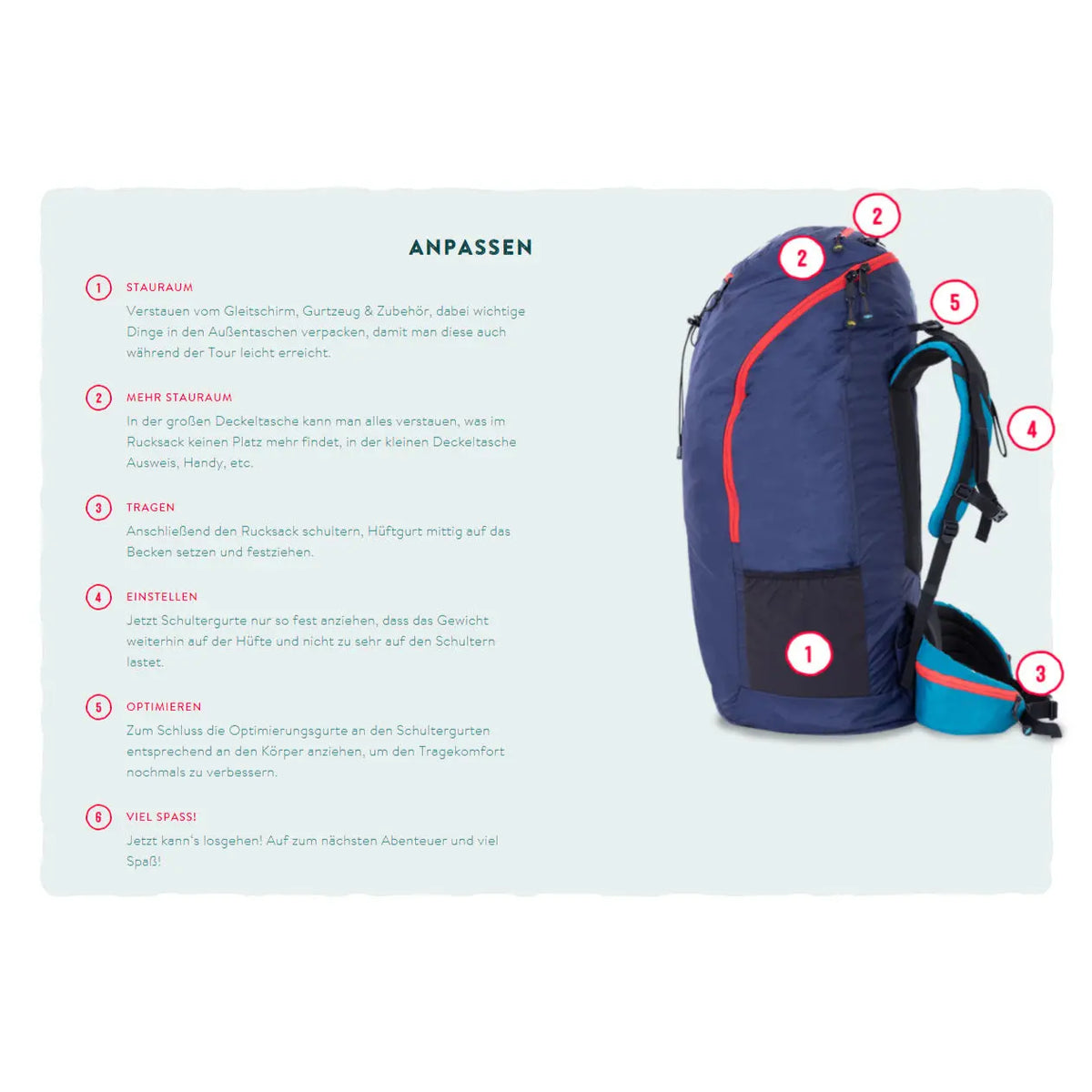 Icaro Rucksack XC und Hike & Fly, blauer Gleitschirmrucksack mit ergonomischem Tragesystem, ideal für Abenteuer und Alpenüberquerungen, 90 Liter Volumen.