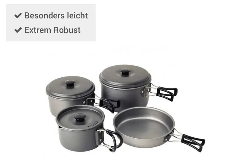 Campingaz Biwak Geschirrset 8-tlg. aus eloxiertem Aluminium, bestehend aus Töpfen und Pfannen, kompakt und robust für Outdoor-Kochen, sichtbar sind Töpfe und Pfanne.