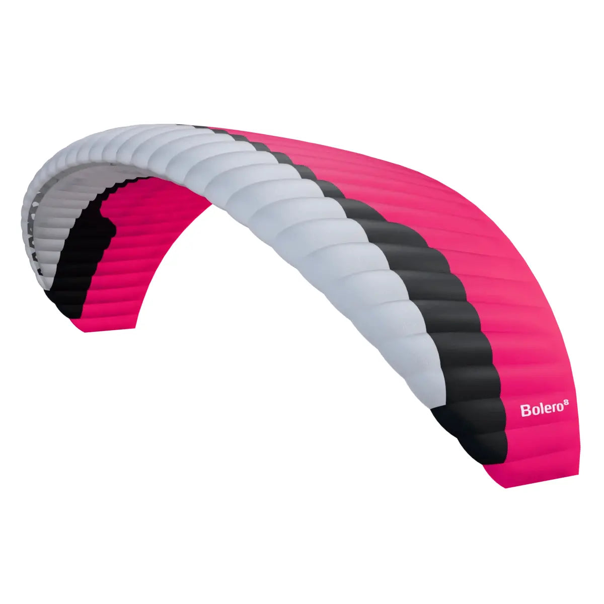 Gin Bolero 8 Beginner Gleitschirm mit pink-schwarz-weißer Zellstruktur, ideal für Einsteiger. Bietet Sicherheit und einfaches Handling, perfekt für erste Flugerfahrungen.