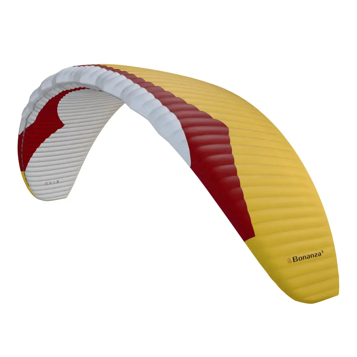 Gin Bonanza 3 (EN-C) Gleitschirm mit Wave Leading Edge Technologie, gelb-rot-weißes Design, ideal für erfahrene Streckenpiloten, bietet hohe Gleitleistung und präzises Handling.