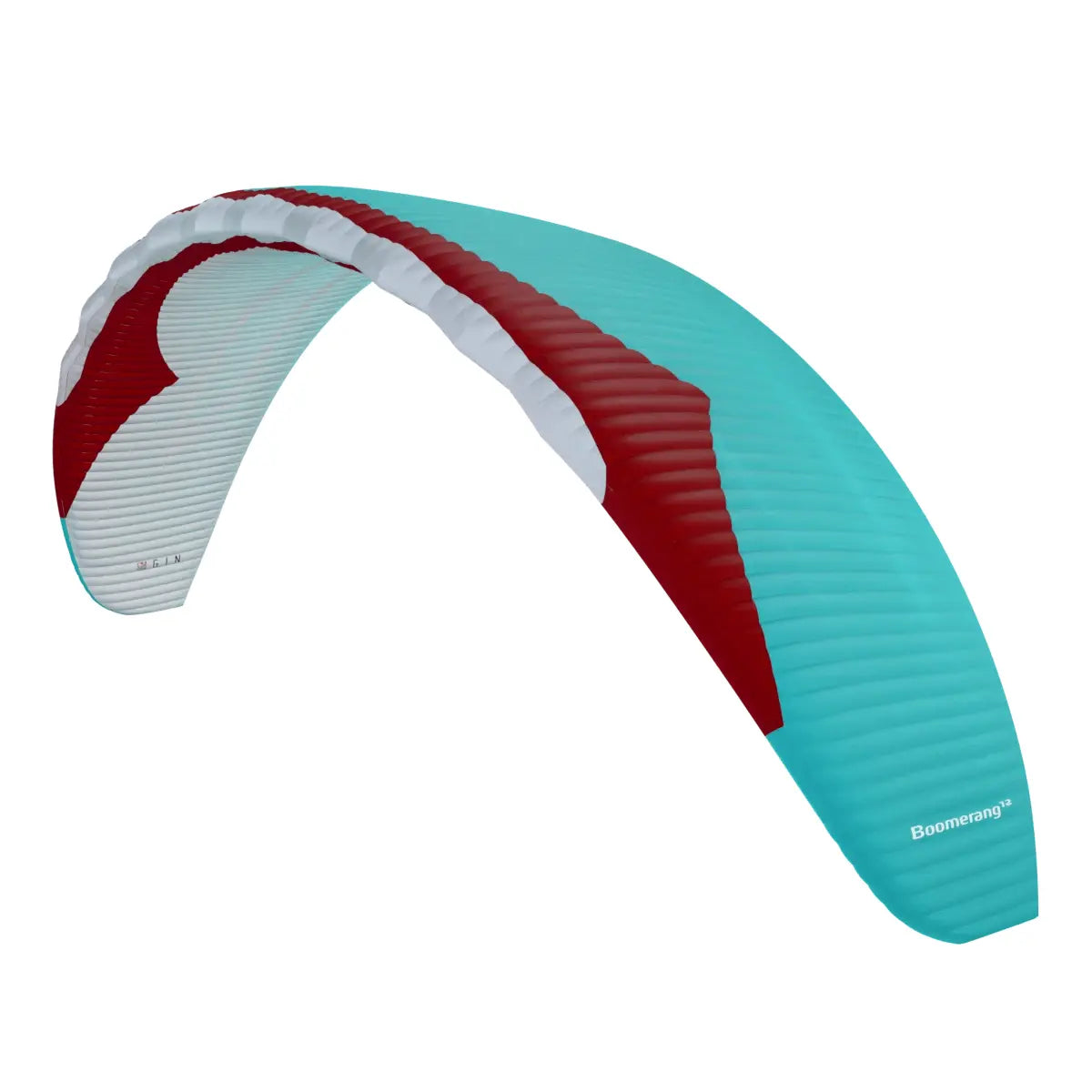Gin Boomerang 12 EN-CCC Hochleistungswettbewerbs-Gleitschirm mit aerodynamischer Effizienz, ideal für erfahrene Piloten im internationalen Wettbewerb, sichtbar mit türkis-roten Panelen.