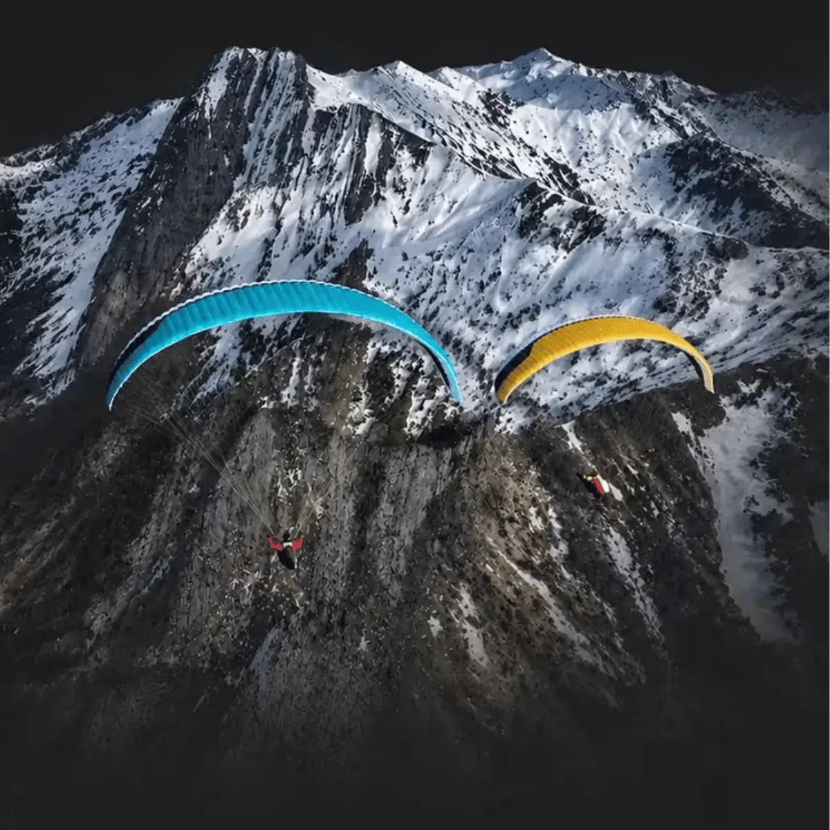 Zwei Gleitschirme, ein blauer und ein gelber, fliegen über schneebedeckte Berge. Der blaue Schirm ist ein GIN Explorer 3 (High EN-B) mit einem Piloten darunter.