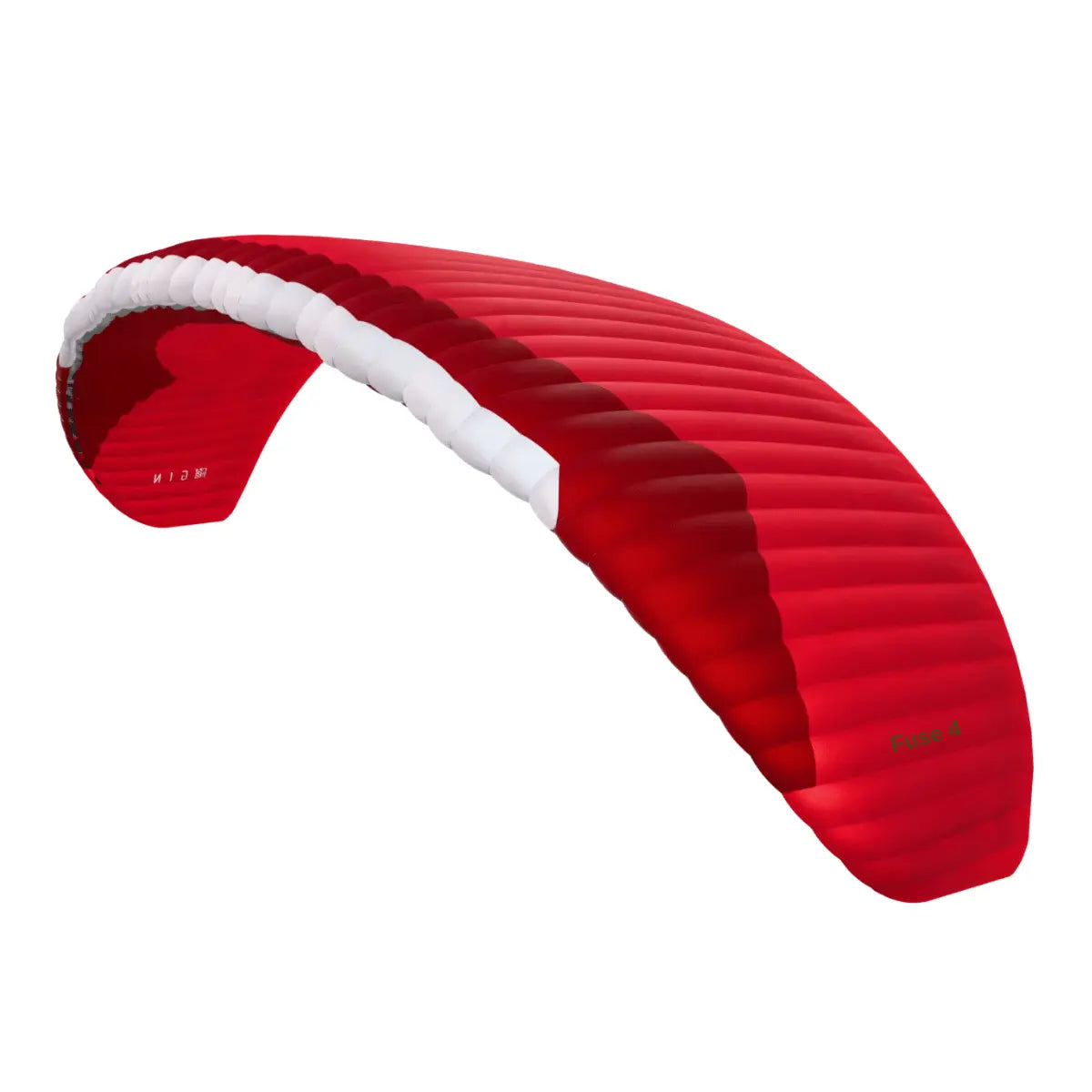 Gin Fuse 4 Tandem EN-B Gleitschirm mit roter Oberfläche, weißer Vorderkante und Fuse 4-Label rechts, ideal für professionelle Tandemflüge und Schulungen.