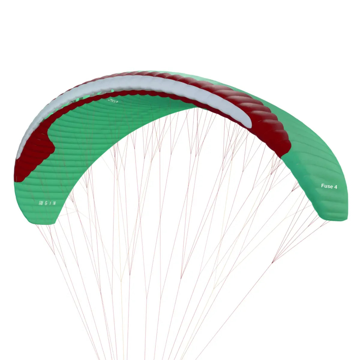 Gin Fuse 4 Tandem EN-B Paragleitschirm von oben, Modellname sichtbar, ideal für professionelle Tandemflüge und Schulungen, bekannt für Stabilität und einfache Handhabung.