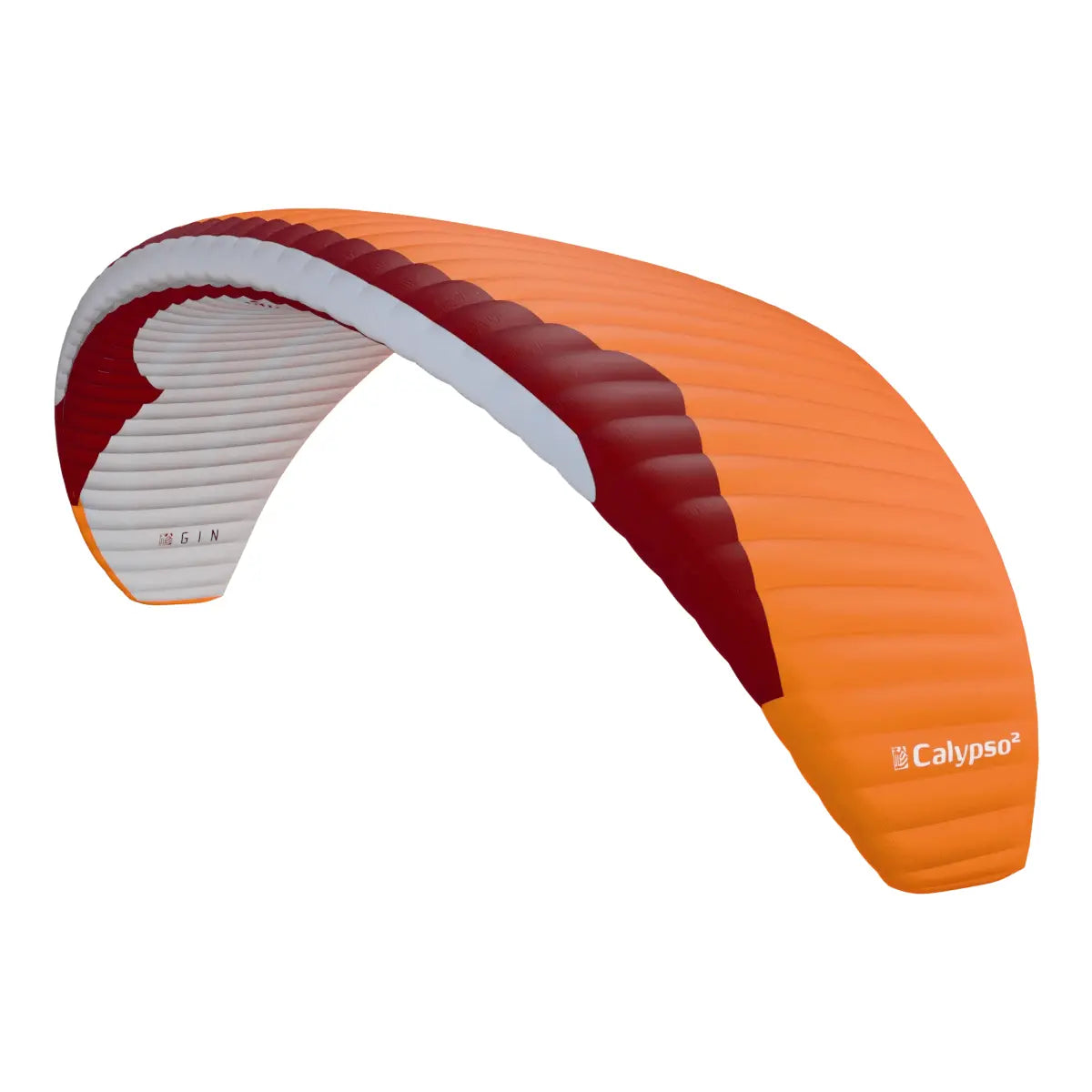 Gin Calypso 2 Light (Low EN-B) Gleitschirm mit orange-rotem Schirm, ideal für Thermik und Hike & Fly, bietet hohe Sicherheit und Leistung.