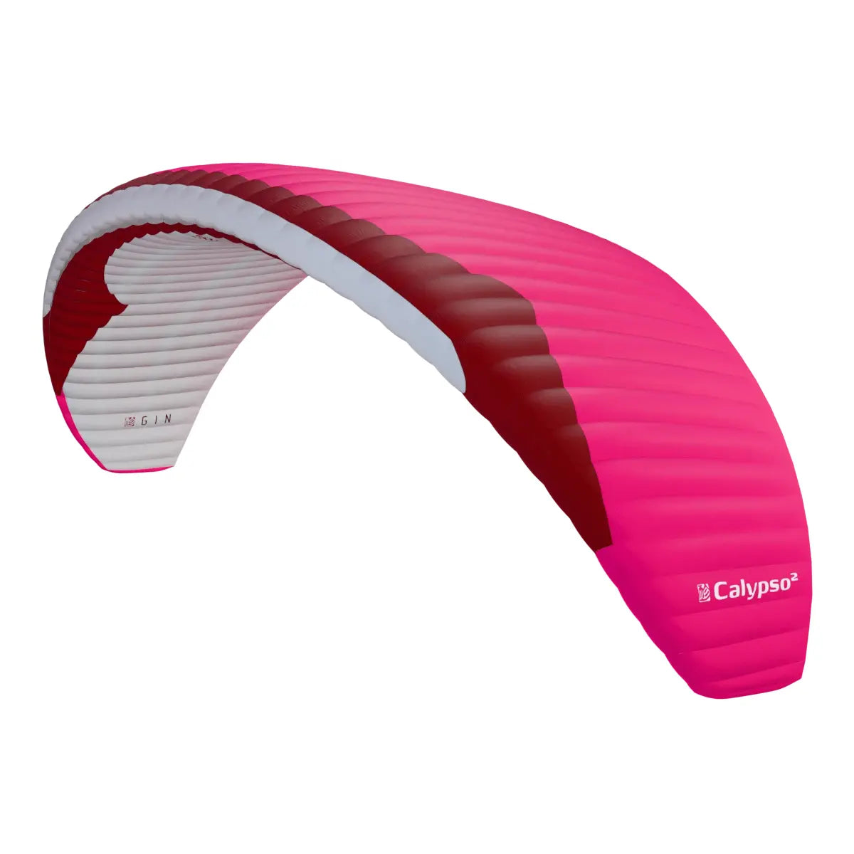Gin Calypso 2 Light (Low EN-B) Gleitschirm, ideal für Thermik, Streckenflüge und Hike & Fly, gezeigt in pink/rot/weißem Design.